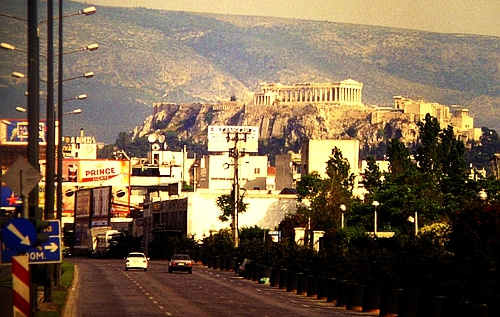 street in Athens with the acropolis