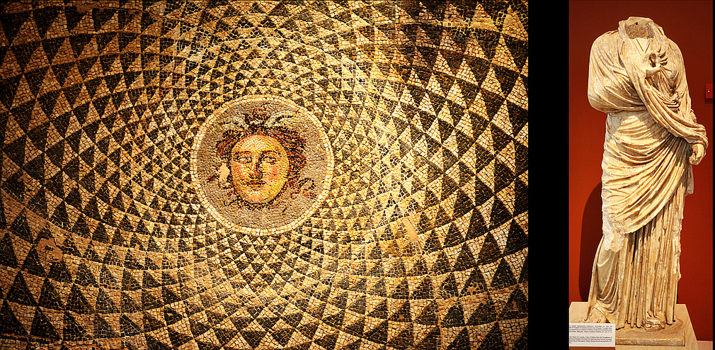 Medusa mosaic and statue