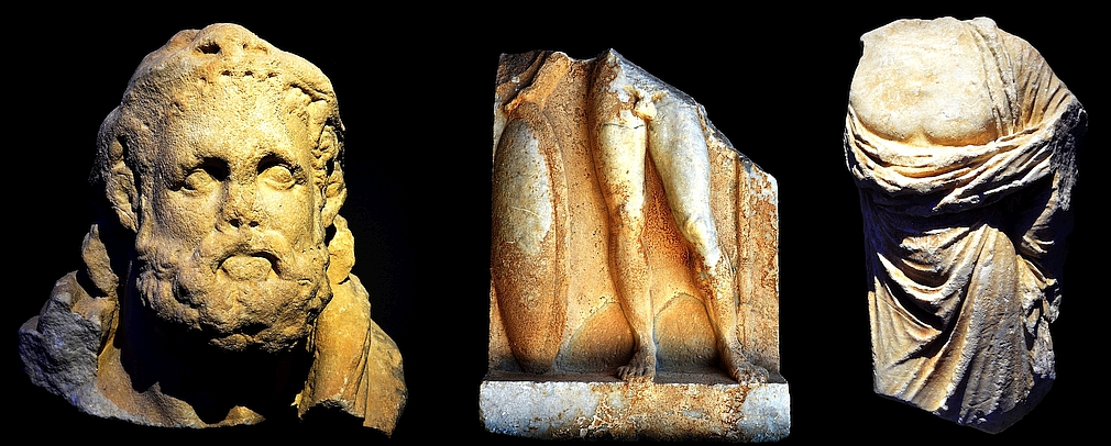 head of Heracles, funerary stele, torso of Asklepios